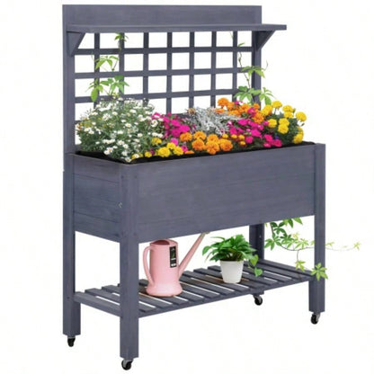 Outsunny 41 Raised Garden Bed with Trellis on Wheels, Wooden Elevated Planter Box with and Bed Liner, Flowers, Herbs Vegetables, Gray
