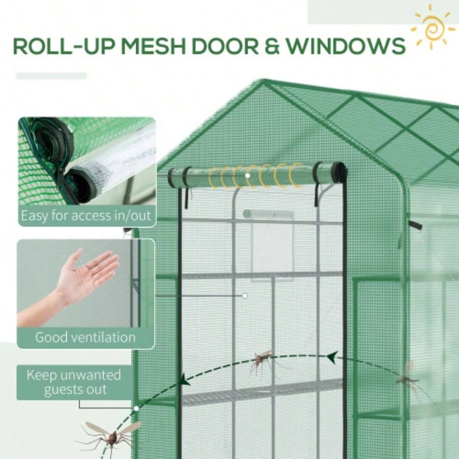 Outsunnyx 5x 6 Walk - in Greenhouse with Mesh Door and, 18 Shelf Hot House with Trellis, Plant Labels, protective Growing Flowers, Herbs, Vegetables, Saplings, Green