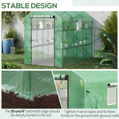 Outsunnyx 5x 6 Walk - in Greenhouse with Mesh Door and, 18 Shelf Hot House with Trellis, Plant Labels, protective Growing Flowers, Herbs, Vegetables, Saplings, Green