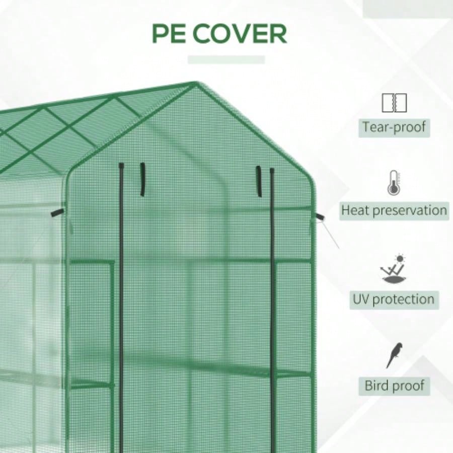 Outsunnyx 5x 6 Walk - in Greenhouse with Mesh Door and, 18 Shelf Hot House with Trellis, Plant Labels, protective Growing Flowers, Herbs, Vegetables, Saplings, Green