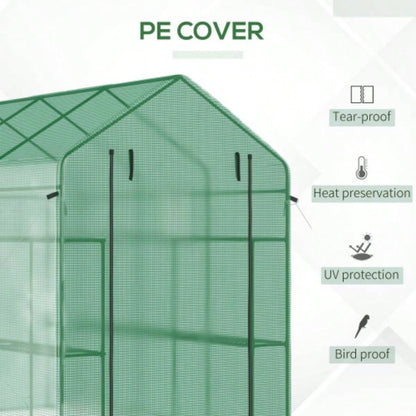 Outsunnyx 5x 6 Walk - in Greenhouse with Mesh Door and, 18 Shelf Hot House with Trellis, Plant Labels, protective Growing Flowers, Herbs, Vegetables, Saplings, Green