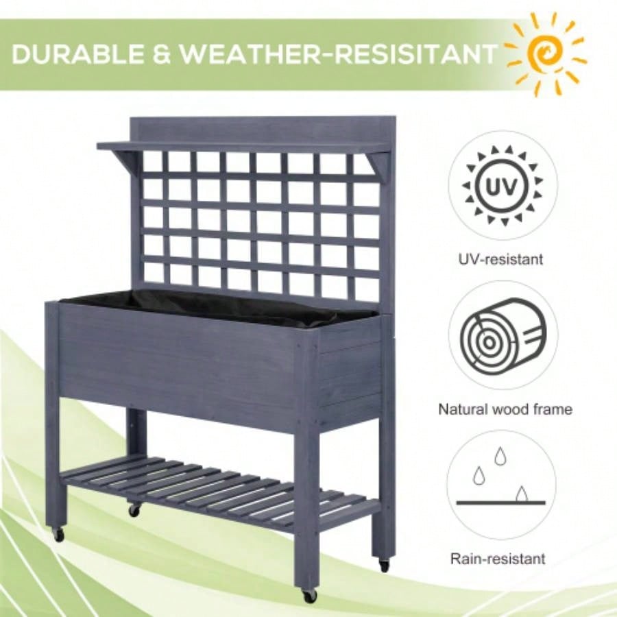 Outsunny 41 Raised Garden Bed with Trellis on Wheels, Wooden Elevated Planter Box with and Bed Liner, Flowers, Herbs Vegetables, Gray