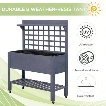 Outsunny 41 Raised Garden Bed with Trellis on Wheels, Wooden Elevated Planter Box with and Bed Liner, Flowers, Herbs Vegetables, Gray
