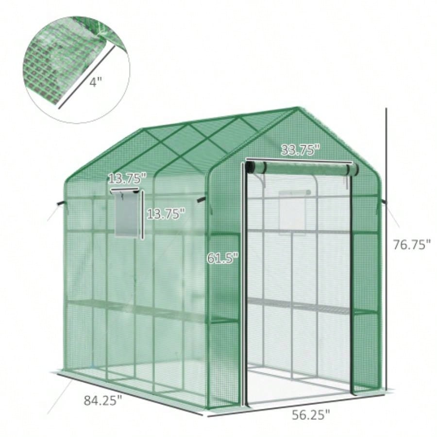 Outsunnyx 5x 6 Walk - in Greenhouse with Mesh Door and, 18 Shelf Hot House with Trellis, Plant Labels, protective Growing Flowers, Herbs, Vegetables, Saplings, Green