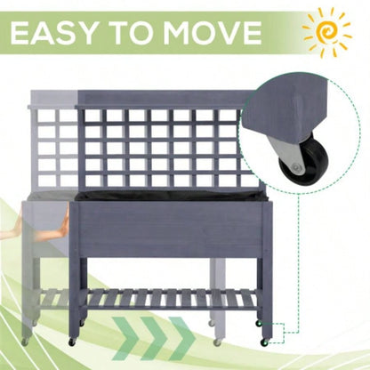 Outsunny 41 Raised Garden Bed with Trellis on Wheels, Wooden Elevated Planter Box with and Bed Liner, Flowers, Herbs Vegetables, Gray