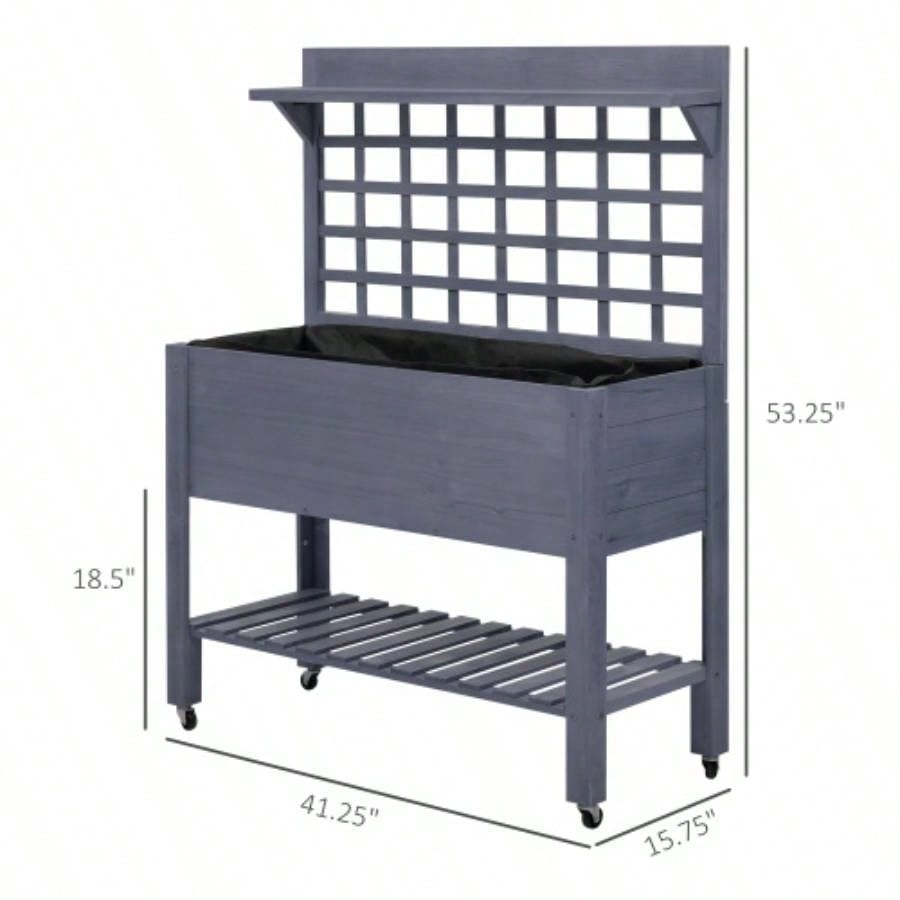 Outsunny 41 Raised Garden Bed with Trellis on Wheels, Wooden Elevated Planter Box with and Bed Liner, Flowers, Herbs Vegetables, Gray