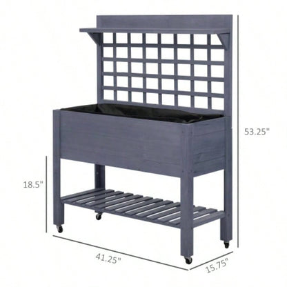 Outsunny 41 Raised Garden Bed with Trellis on Wheels, Wooden Elevated Planter Box with and Bed Liner, Flowers, Herbs Vegetables, Gray
