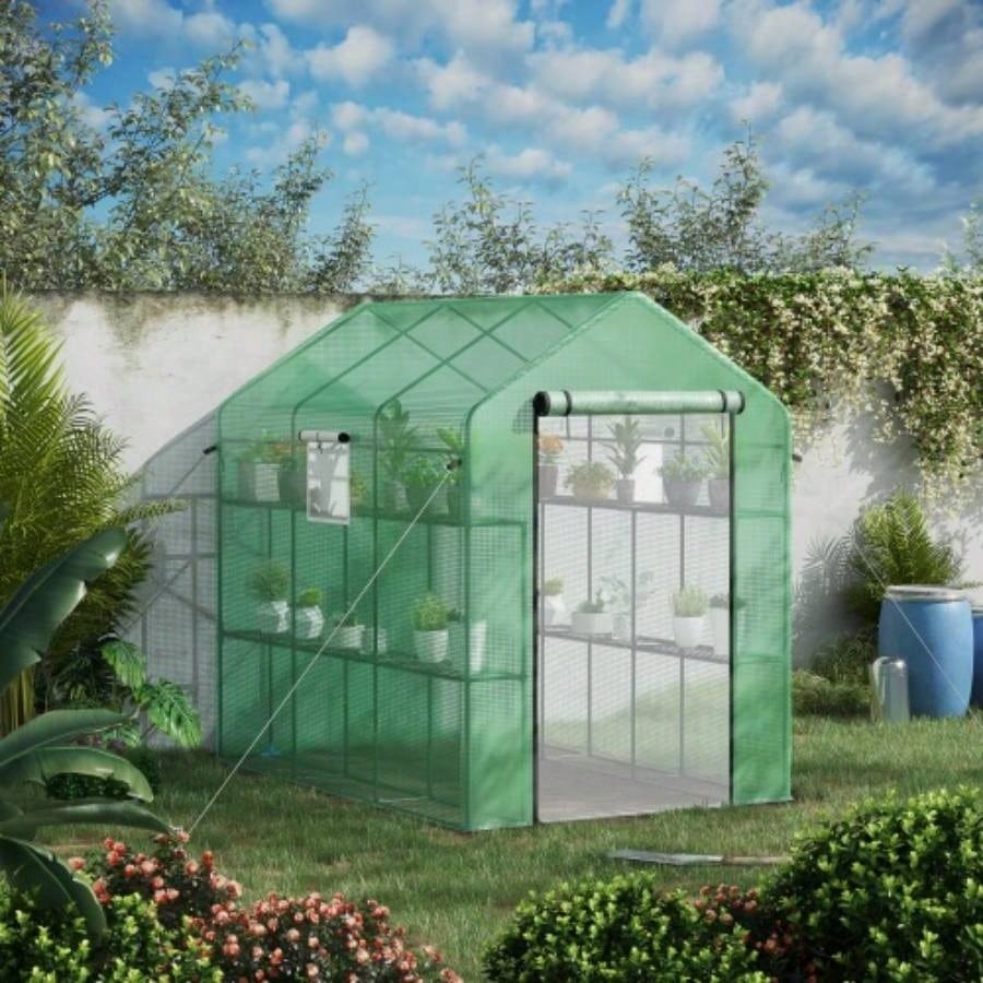 Outsunnyx 5x 6 Walk - in Greenhouse with Mesh Door and, 18 Shelf Hot House with Trellis, Plant Labels, protective Growing Flowers, Herbs, Vegetables, Saplings, Green