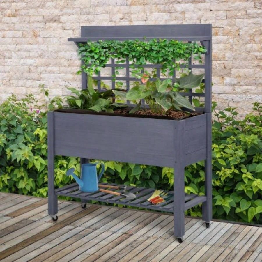 Outsunny 41 Raised Garden Bed with Trellis on Wheels, Wooden Elevated Planter Box with and Bed Liner, Flowers, Herbs Vegetables, Gray