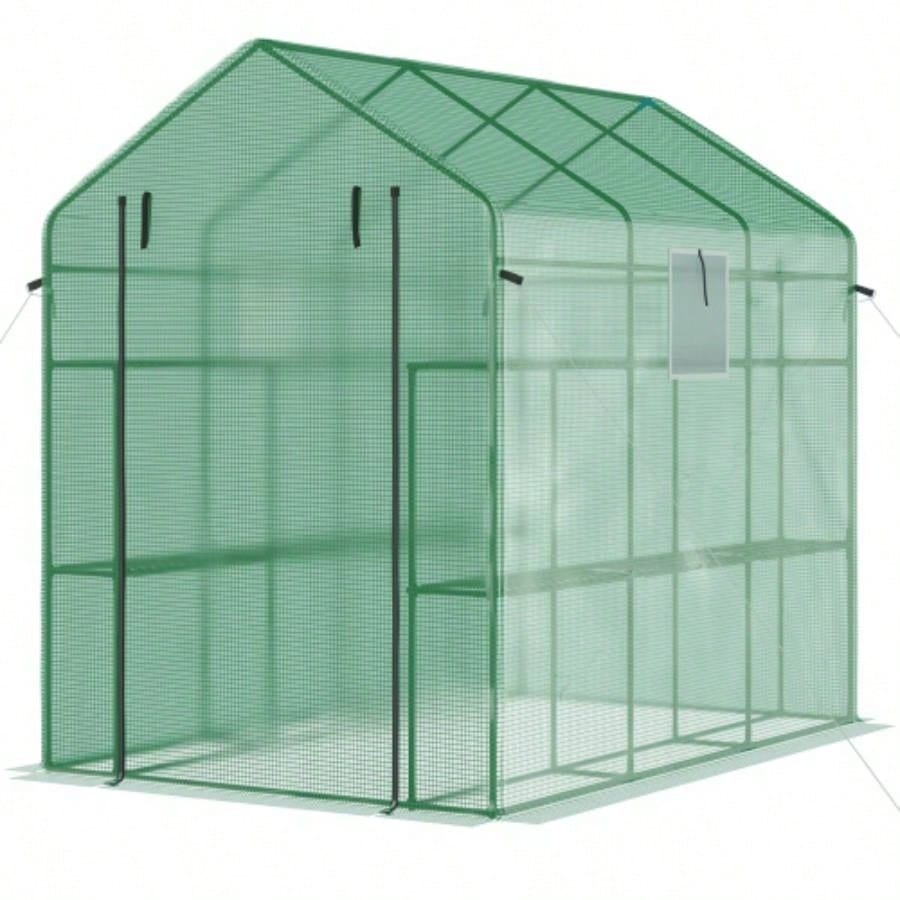 Outsunnyx 5x 6 Walk - in Greenhouse with Mesh Door and, 18 Shelf Hot House with Trellis, Plant Labels, protective Growing Flowers, Herbs, Vegetables, Saplings, Green