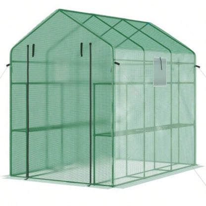 Outsunnyx 5x 6 Walk - in Greenhouse with Mesh Door and, 18 Shelf Hot House with Trellis, Plant Labels, protective Growing Flowers, Herbs, Vegetables, Saplings, Green