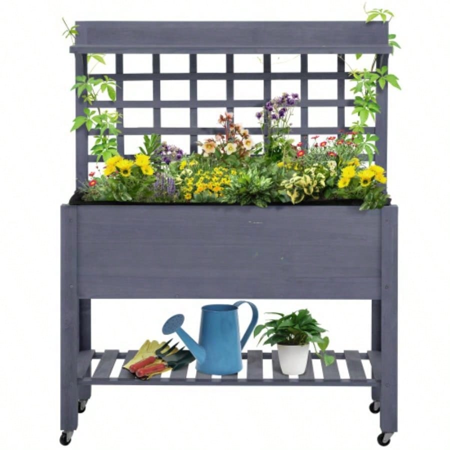 Outsunny 41 Raised Garden Bed with Trellis on Wheels, Wooden Elevated Planter Box with and Bed Liner, Flowers, Herbs Vegetables, Gray