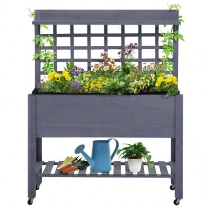Outsunny 41 Raised Garden Bed with Trellis on Wheels, Wooden Elevated Planter Box with and Bed Liner, Flowers, Herbs Vegetables, Gray