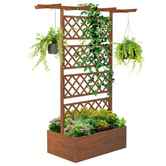 Outsunny Wood Planter with Trellis, Raised Garden Bed Privacy Screen Planter Box Climbing Plants, Vines, Vegetables, Flowers
