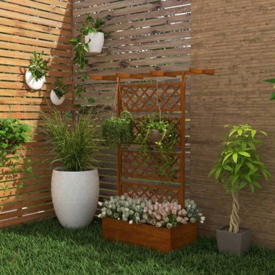 Outsunny Wood Planter with Trellis, Raised Garden Bed Privacy Screen Planter Box Climbing Plants, Vines, Vegetables, Flowers
