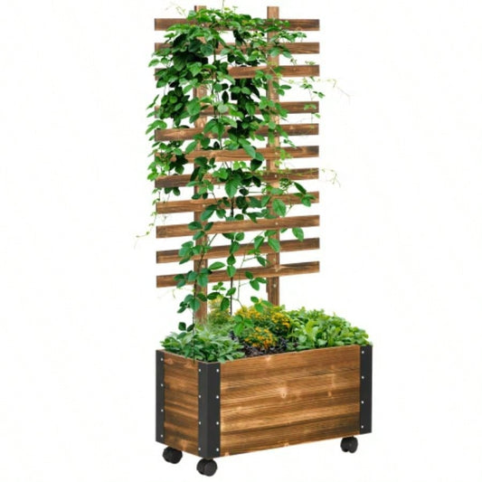 Outsunny Raised Garden Bed with Trellis, 58 Outdoor Wooden Planter Box with Wheels, Vine Plants Flowers Climbing and Planting, Brown