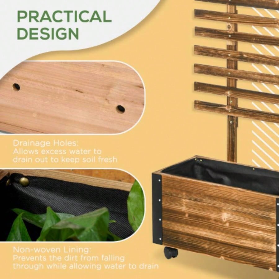 Outsunny Raised Garden Bed with Trellis, 58 Outdoor Wooden Planter Box with Wheels, Vine Plants Flowers Climbing and Planting, Brown