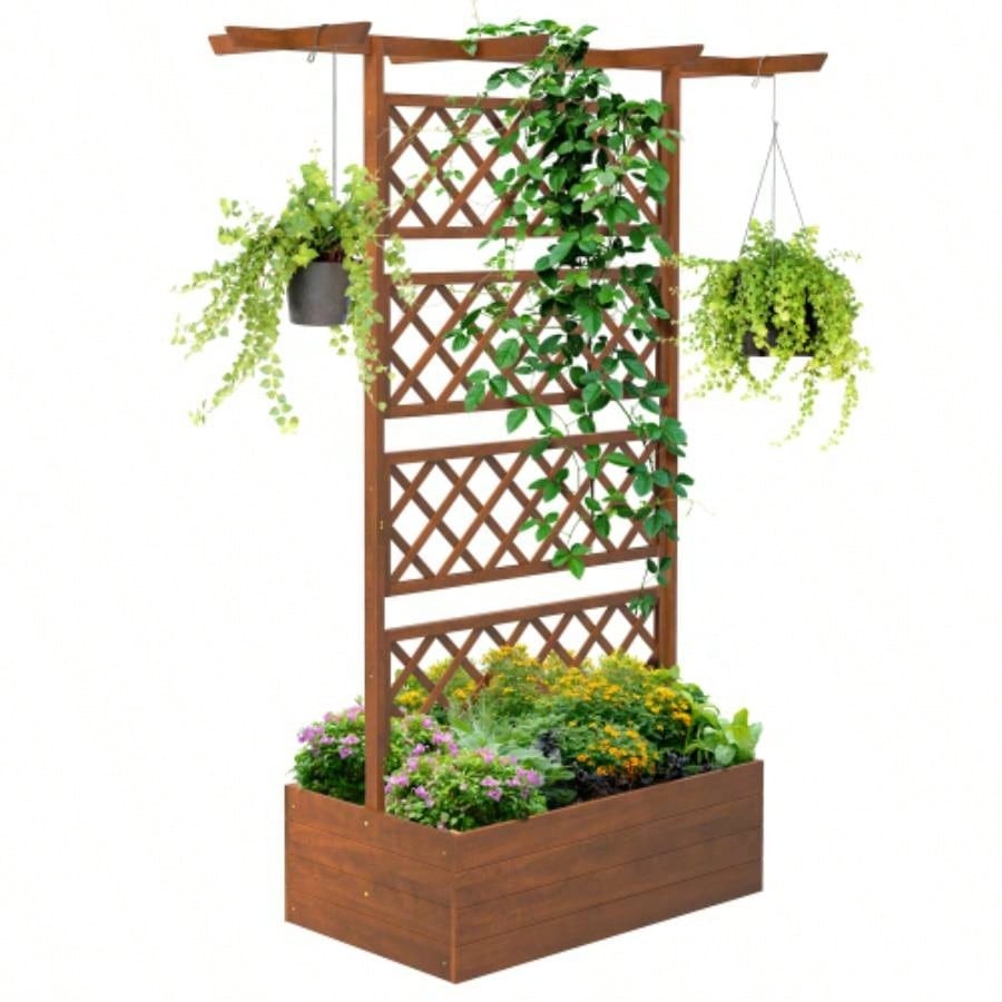 Outsunny Wood Planter with Trellis, Raised Garden Bed Privacy Screen Planter Box Climbing Plants, Vines, Vegetables, Flowers