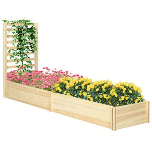 Outsunny Raised Garden Bed with Trellis and 2 Compartments, 43 Inch Wooden Planter Box Kit Outdoor Plants, Vegetables, Flowers, Herbs Climbing, Easy Assembly, Natural Tone