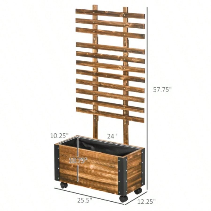 Outsunny Raised Garden Bed with Trellis, 58 Outdoor Wooden Planter Box with Wheels, Vine Plants Flowers Climbing and Planting, Brown