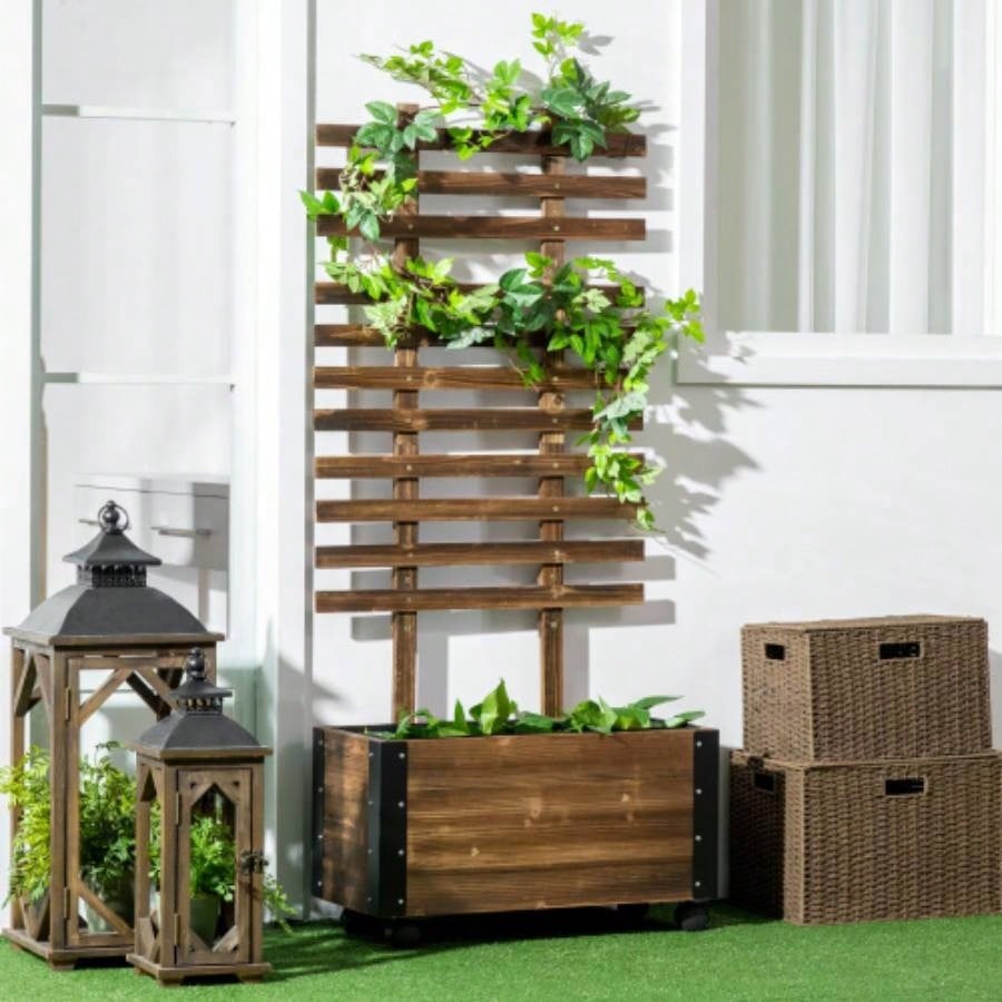 Outsunny Raised Garden Bed with Trellis, 58 Outdoor Wooden Planter Box with Wheels, Vine Plants Flowers Climbing and Planting, Brown