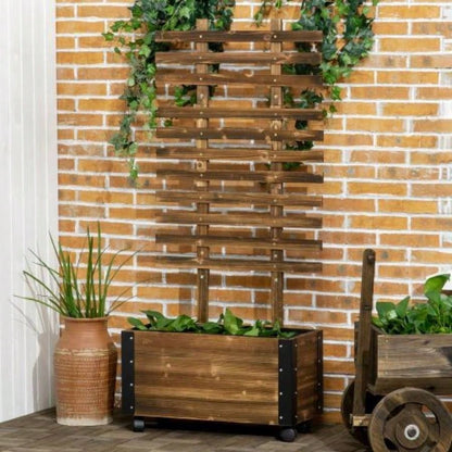 Outsunny Raised Garden Bed with Trellis, 58 Outdoor Wooden Planter Box with Wheels, Vine Plants Flowers Climbing and Planting, Brown