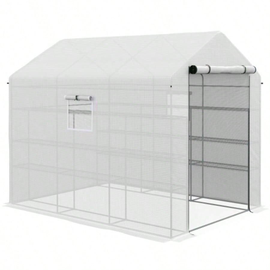 Outsunny 8x 6x Walk - in Greenhouse with Mesh Door and, 18 Shelf Green House with Trellis, Plant Labels, protective Growing Flowers, Herbs, Vegetables, Saplings, White