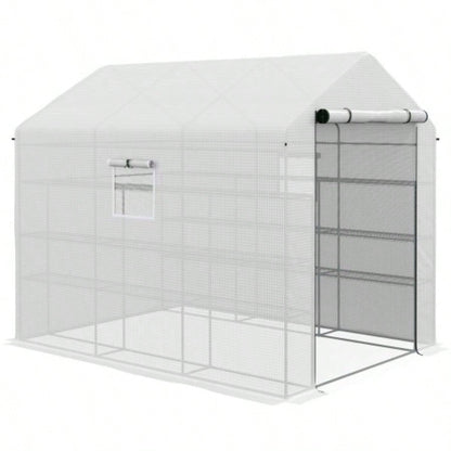 Outsunny 8x 6x Walk - in Greenhouse with Mesh Door and, 18 Shelf Green House with Trellis, Plant Labels, protective Growing Flowers, Herbs, Vegetables, Saplings, White