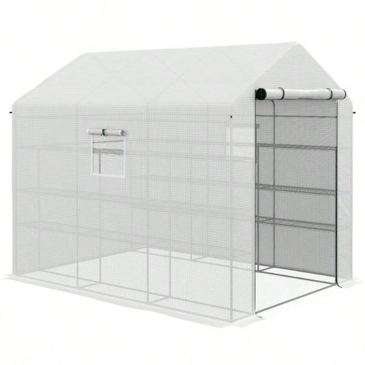 Outsunny 8x 6x Walk - in Greenhouse with Mesh Door and, 18 Shelf Green House with Trellis, Plant Labels, protective Growing Flowers, Herbs, Vegetables, Saplings, White