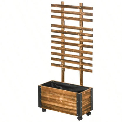 Outsunny Raised Garden Bed with Trellis, 58 Outdoor Wooden Planter Box with Wheels, Vine Plants Flowers Climbing and Planting, Brown