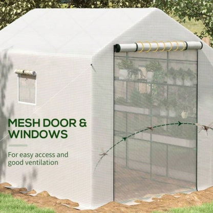 Outsunny 8x 6x Walk - in Greenhouse with Mesh Door and, 18 Shelf Green House with Trellis, Plant Labels, protective Growing Flowers, Herbs, Vegetables, Saplings, White