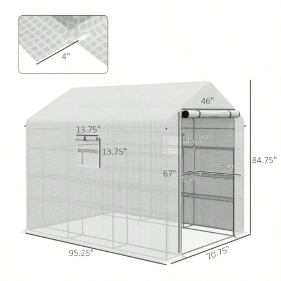 Outsunny 8x 6x Walk - in Greenhouse with Mesh Door and, 18 Shelf Green House with Trellis, Plant Labels, protective Growing Flowers, Herbs, Vegetables, Saplings, White