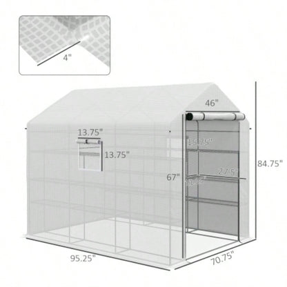 Outsunny 8x 6x Walk - in Greenhouse with Mesh Door and, 18 Shelf Green House with Trellis, Plant Labels, protective Growing Flowers, Herbs, Vegetables, Saplings, White