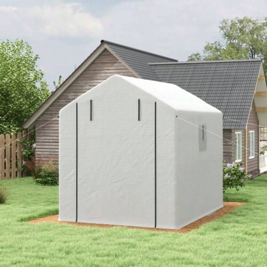 Outsunny 8x 6x Walk - in Greenhouse with Mesh Door and, 18 Shelf Green House with Trellis, Plant Labels, protective Growing Flowers, Herbs, Vegetables, Saplings, White