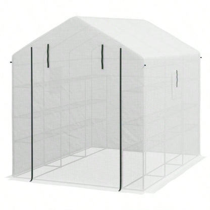 Outsunny 8x 6x Walk - in Greenhouse with Mesh Door and, 18 Shelf Green House with Trellis, Plant Labels, protective Growing Flowers, Herbs, Vegetables, Saplings, White