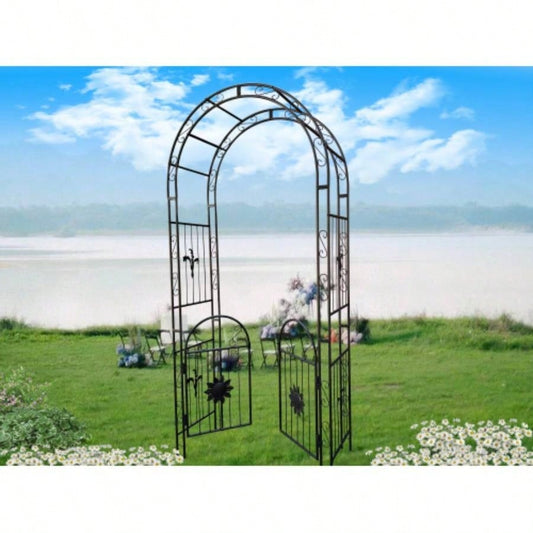Metal Garden Arch with doors Garden Arbor Trellis Climbing Plants Support Arch Outdoor Arch Wedding Arch Party Events Archway Black