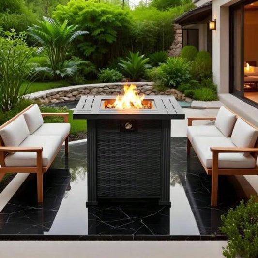 28 Propane Gas Fire Pit Table, 50000 BTU Square Steel Fire Pit Outside Patio Deck Garden Backyard - Black
