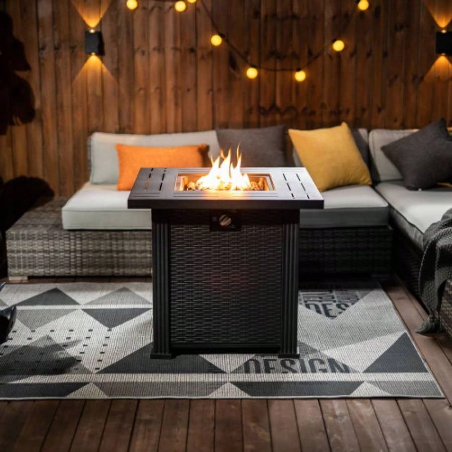 28 Propane Gas Fire Pit Table, 50000 BTU Square Steel Fire Pit Outside Patio Deck Garden Backyard - Black