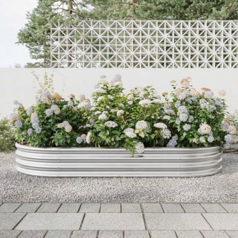 Raised Garden Bed Outdoor, Oval Large Metal Raised Planter Bed Plants, Vegetables, and Flowers - Silver