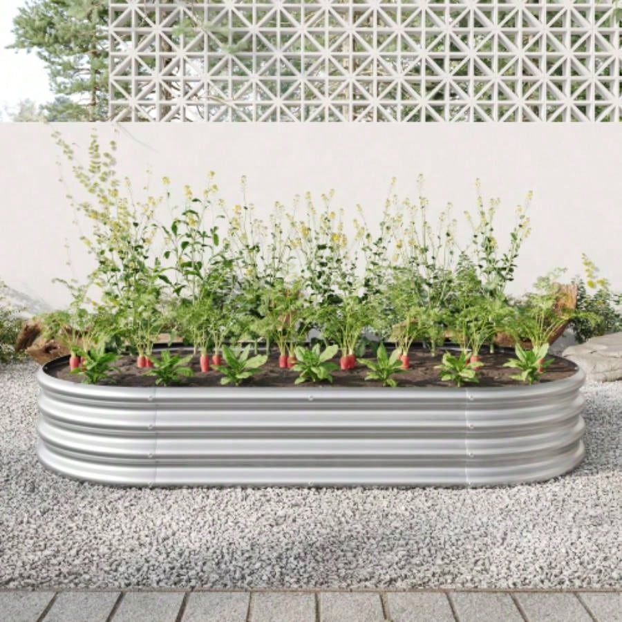 Raised Garden Bed Outdoor, Oval Large Metal Raised Planter Bed Plants, Vegetables, and Flowers - Silver