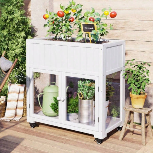 TOPMAX Patio 35.4x17. 37.4 Wood Cold Frame, Compact 2 Doors Garden Greenhouse with Wheels, Raised Bed with Liner Indoor Outdoor Use, White