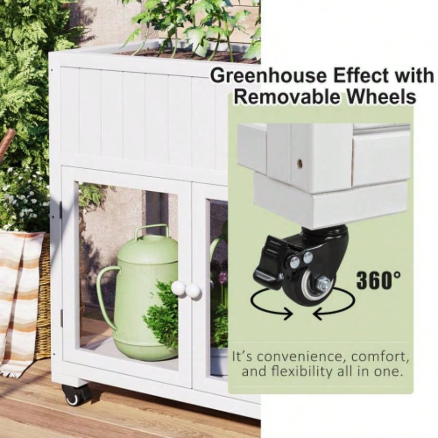 TOPMAX Patio 35.4x17. 37.4 Wood Cold Frame, Compact 2 Doors Garden Greenhouse with Wheels, Raised Bed with Liner Indoor Outdoor Use, White