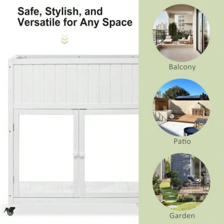 TOPMAX Patio 35.4x17. 37.4 Wood Cold Frame, Compact 2 Doors Garden Greenhouse with Wheels, Raised Bed with Liner Indoor Outdoor Use, White