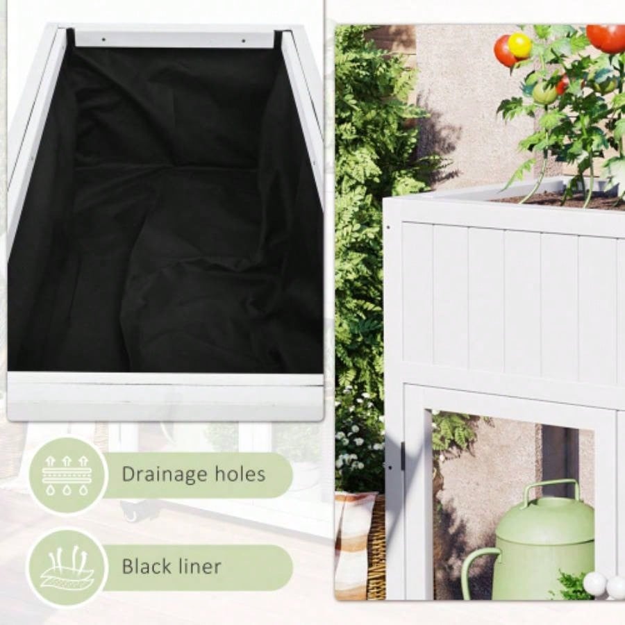 TOPMAX Patio 35.4x17. 37.4 Wood Cold Frame, Compact 2 Doors Garden Greenhouse with Wheels, Raised Bed with Liner Indoor Outdoor Use, White