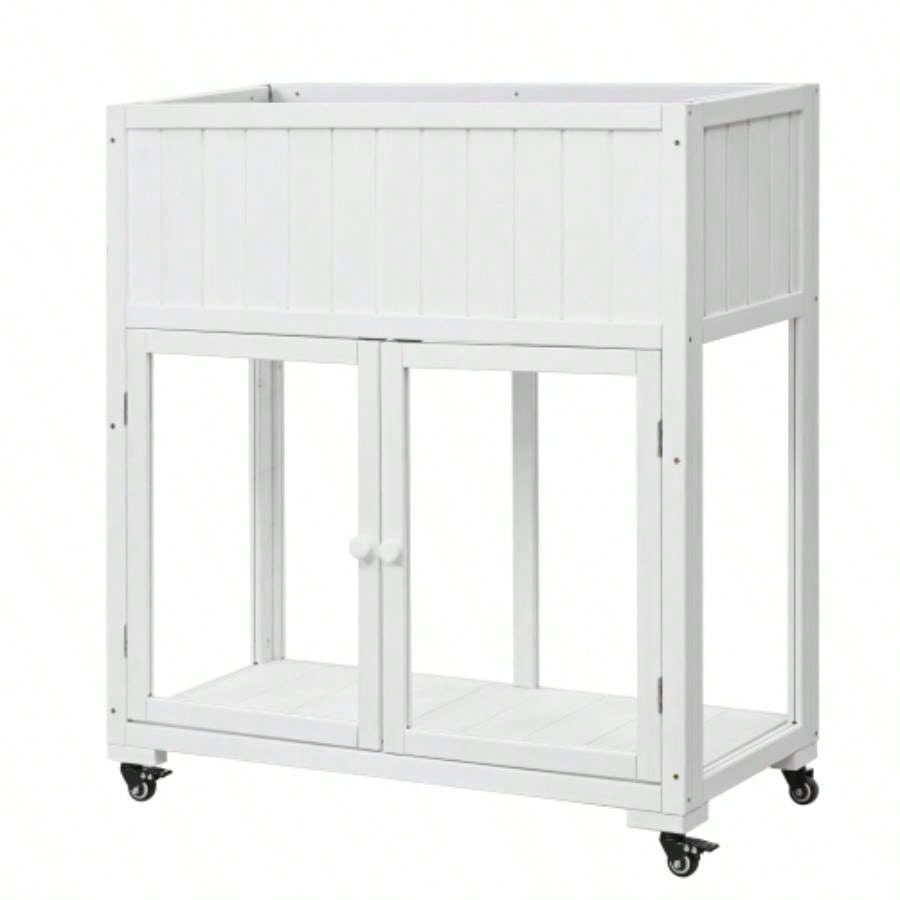 TOPMAX Patio 35.4x17. 37.4 Wood Cold Frame, Compact 2 Doors Garden Greenhouse with Wheels, Raised Bed with Liner Indoor Outdoor Use, White