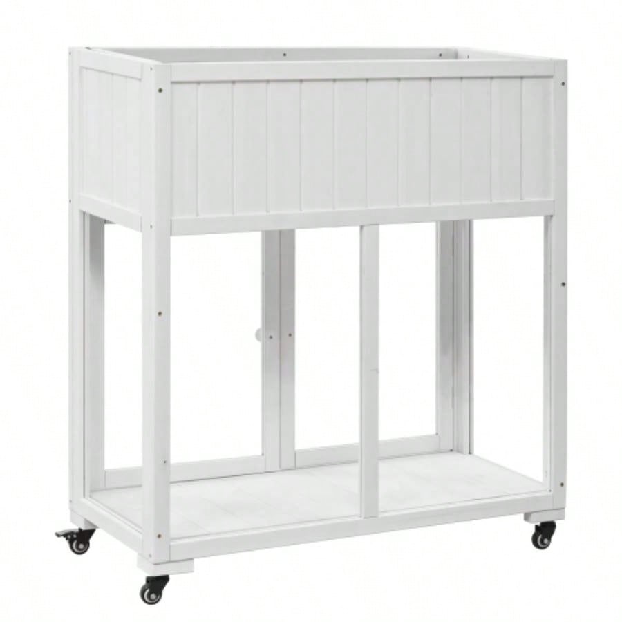 TOPMAX Patio 35.4x17. 37.4 Wood Cold Frame, Compact 2 Doors Garden Greenhouse with Wheels, Raised Bed with Liner Indoor Outdoor Use, White