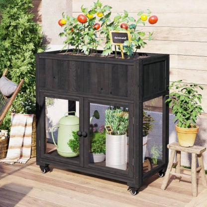 TOPMAX Patio 35.4x17. 37.4 Wood Cold Frame, Compact 2 Doors Garden Greenhouse with Wheels, Raised Bed with Liner Indoor Outdoor Use, White
