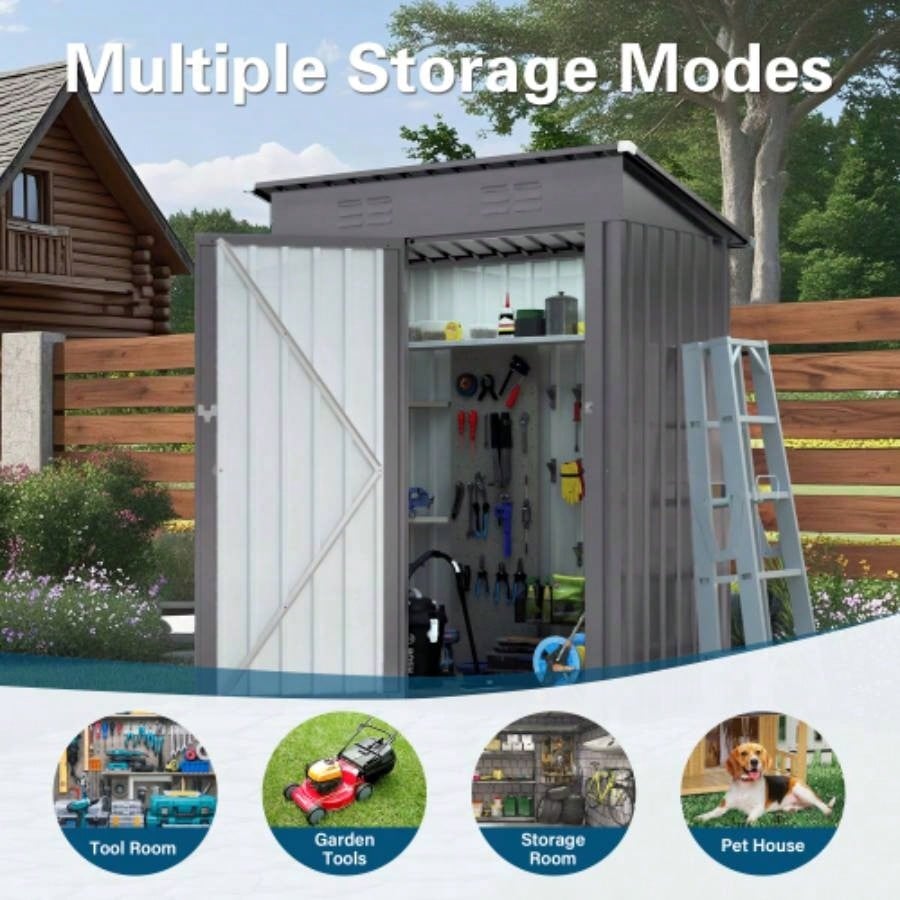 5X3 FT Metal Outdoor Storage Shed, Shed with Pitched Roof and Lockable Door Compact Metal Shed Garden, Backyard, Patio, Everyday Sundries and Bike Storage, Gray