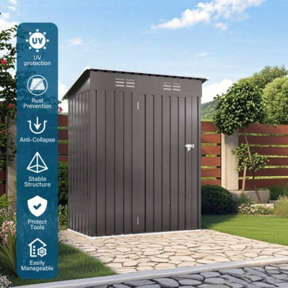 5X3 FT Metal Outdoor Storage Shed, Shed with Pitched Roof and Lockable Door Compact Metal Shed Garden, Backyard, Patio, Everyday Sundries and Bike Storage, Gray