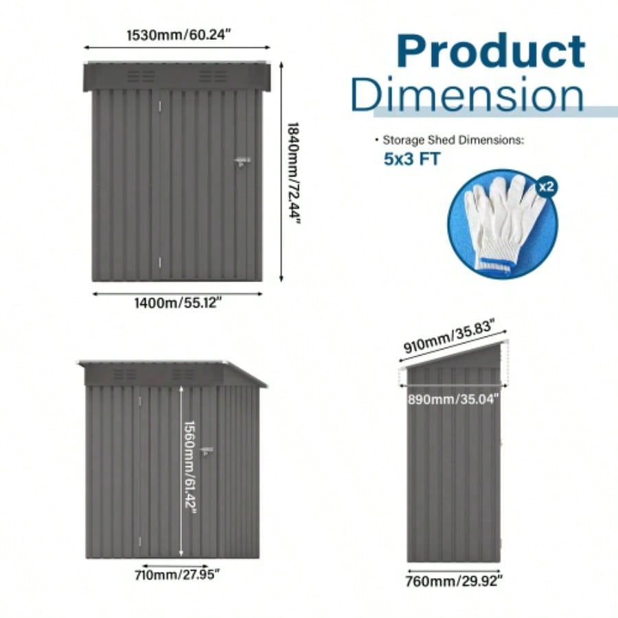 5X3 FT Metal Outdoor Storage Shed, Shed with Pitched Roof and Lockable Door Compact Metal Shed Garden, Backyard, Patio, Everyday Sundries and Bike Storage, Gray